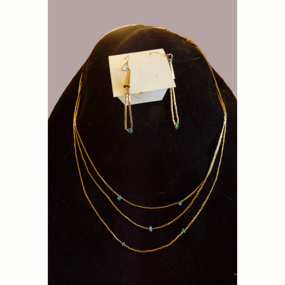 Artisan Southwestern Turquoise Chip Gold Tone 3 Strand Necklace Earrings Set